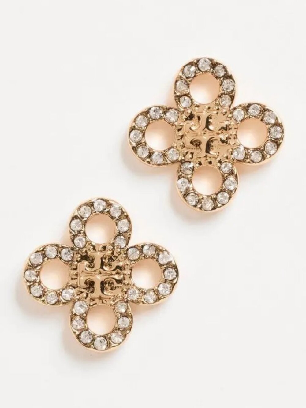 NEW Tory Burch Gold Pave Logo & Clover Stud Earrings with Dust Bag